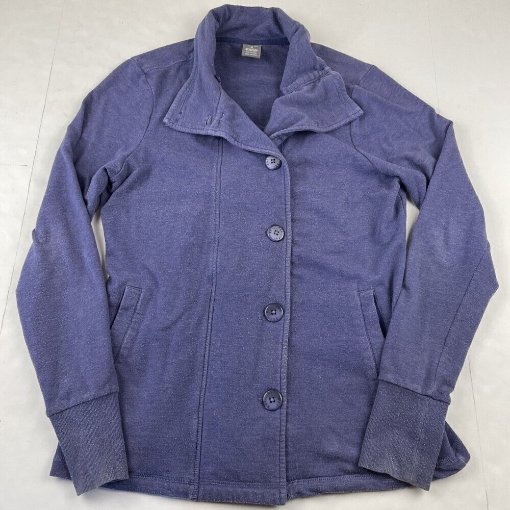 REI Cardigan Button Front Sweater Women M Blue High Neck Pockets Ribbed Cuffs